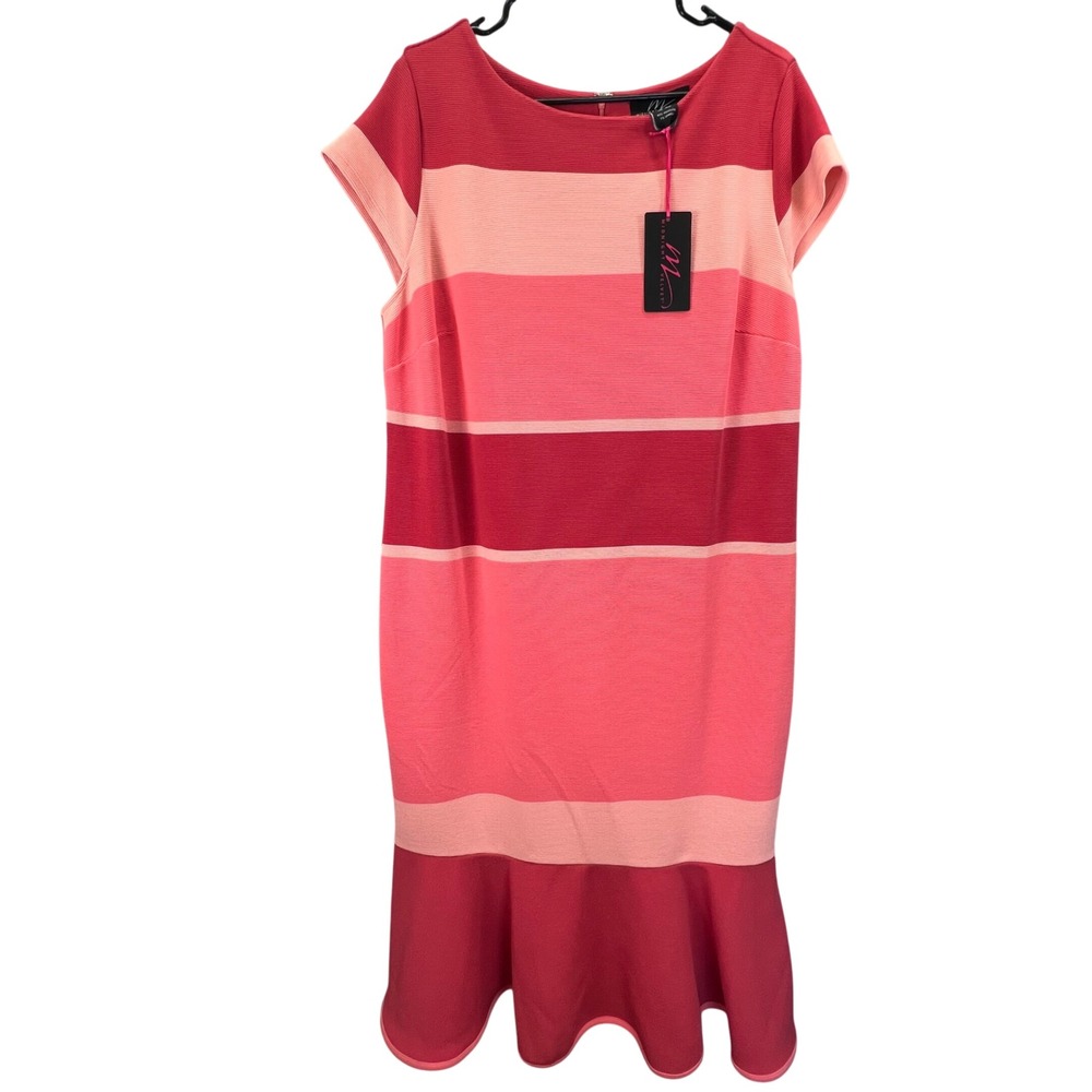 Midnight‎ Velvet Pink Striped Cap Sleeve Flounce Hem Midi Dress 16W Wedding